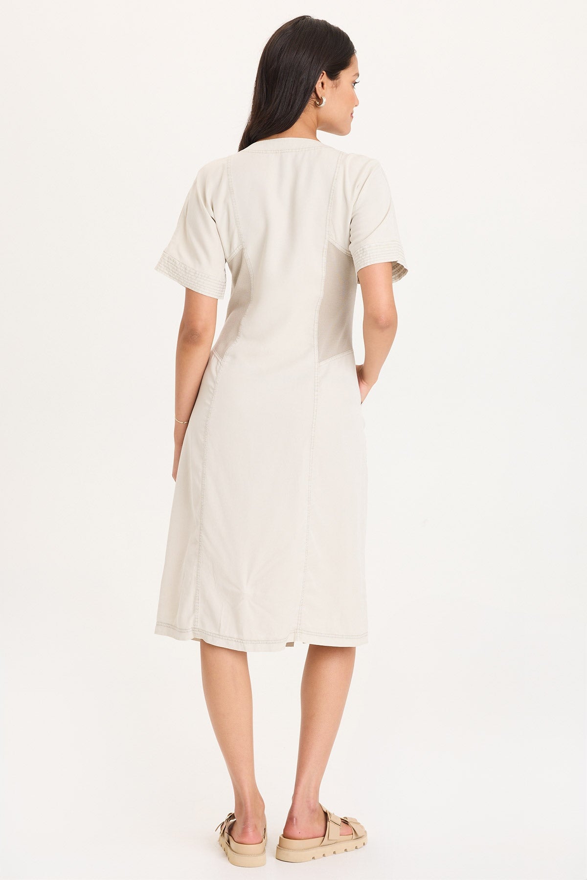 Addair Button-Up Short Sleeve Twill Dress with Rib Side Panels and Pockets Center Stage Pigment - XCVI