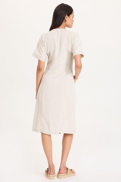Addair Button-Up Short Sleeve Twill Dress with Rib Side Panels and Pockets Center Stage Pigment - XCVI