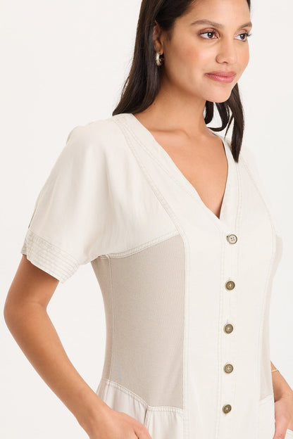 Addair Button-Up Short Sleeve Twill Dress with Rib Side Panels and Pockets Center Stage Pigment - XCVI