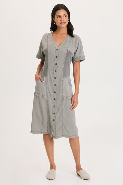 Addair Button-Up Short Sleeve Twill Dress with Rib Side Panels and Pockets Magnetic Grey Pigment - XCVI