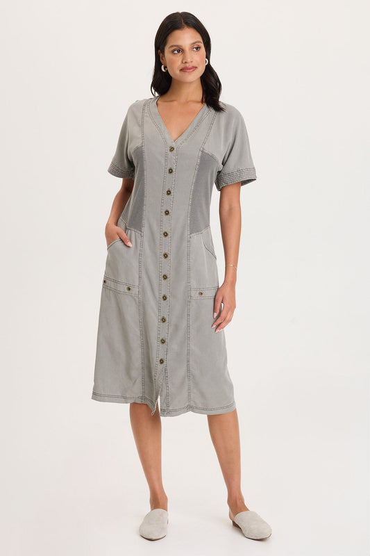 Addair Button-Up Short Sleeve Twill Dress with Rib Side Panels and Pockets Magnetic Grey Pigment - XCVI