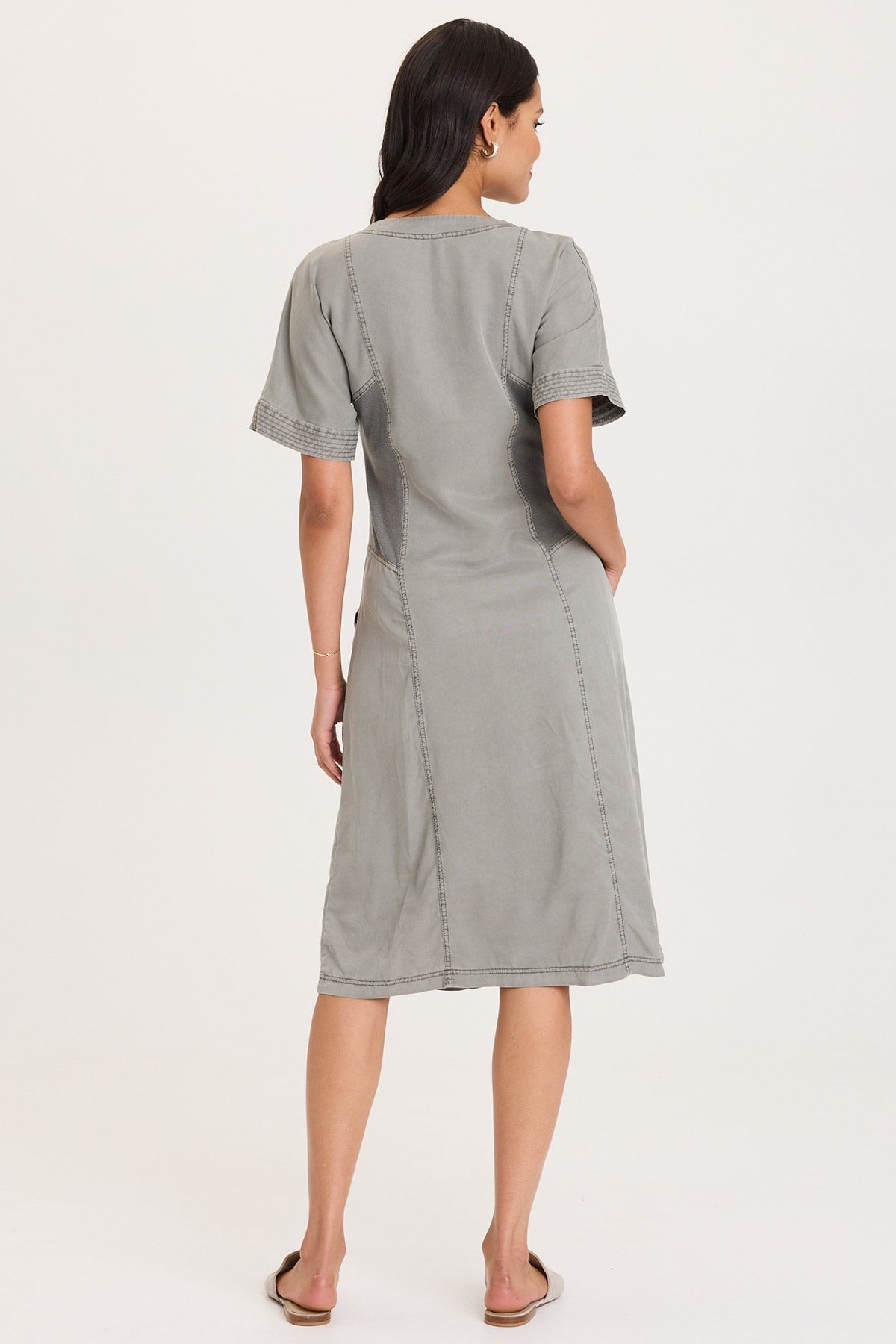 Addair Button-Up Short Sleeve Twill Dress with Rib Side Panels and Pockets Magnetic Grey Pigment - XCVI