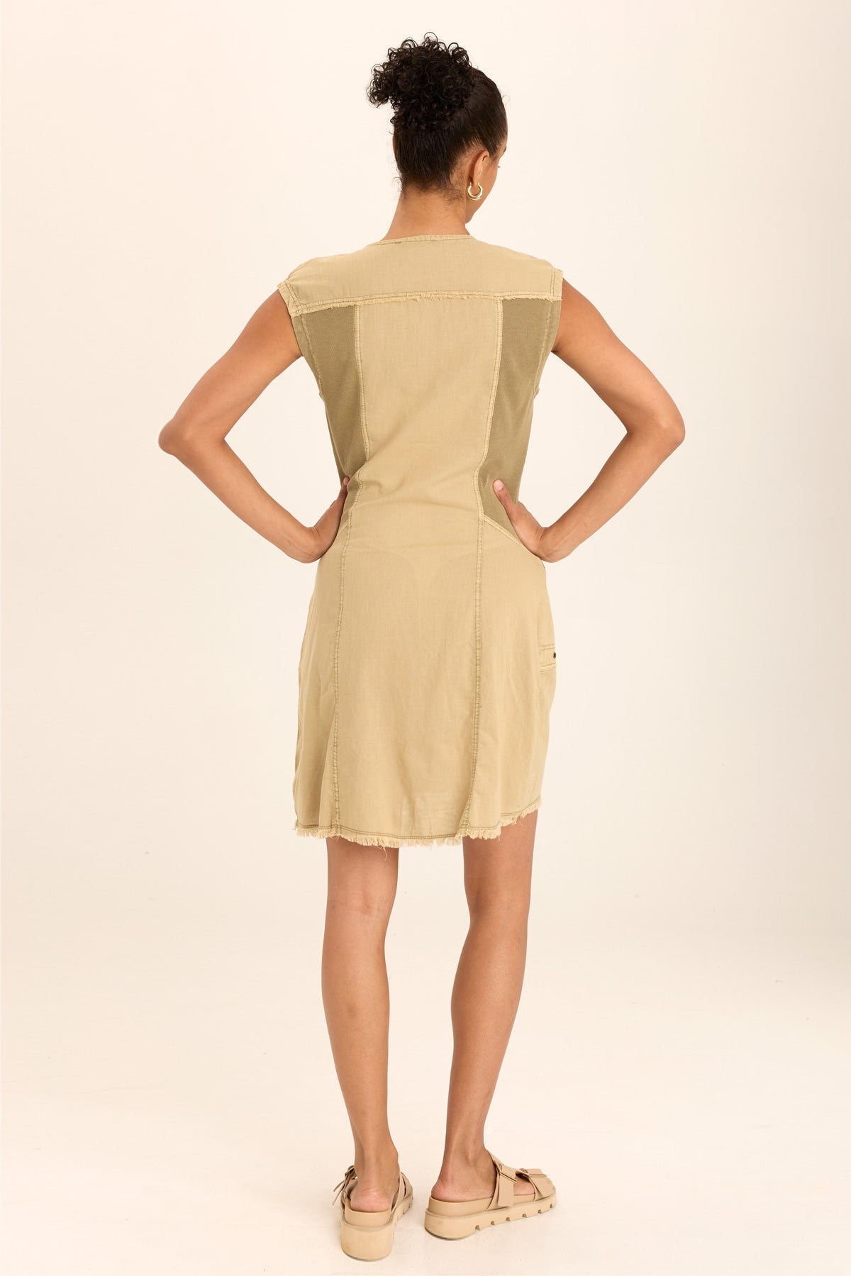 Wearables Austen Linen Mini Shirt Dress with snaps and distressing in Beige Linwood Sands Pigment - XCVI