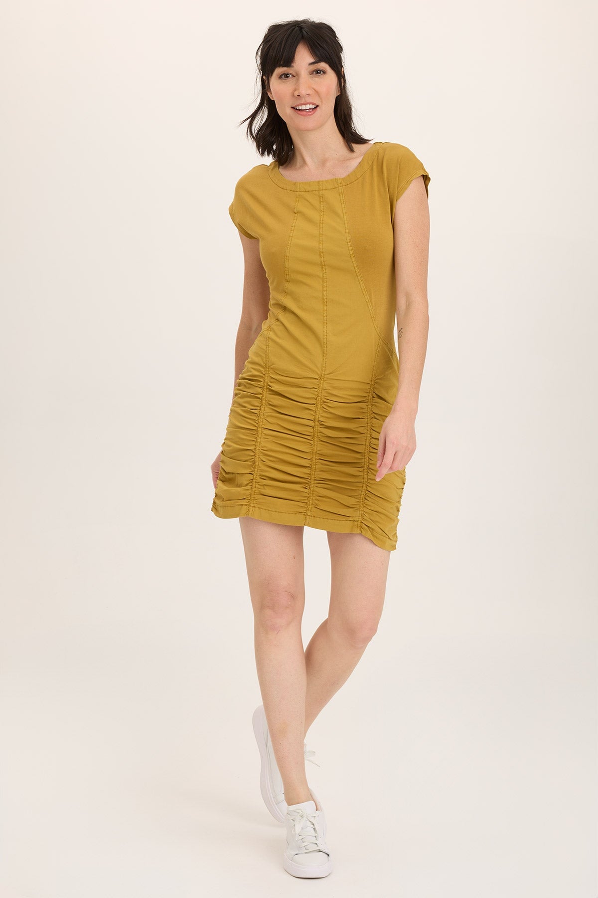 Wearables Aviana Stretch Poplin Ruched Casual Mini Dress  - XCVI