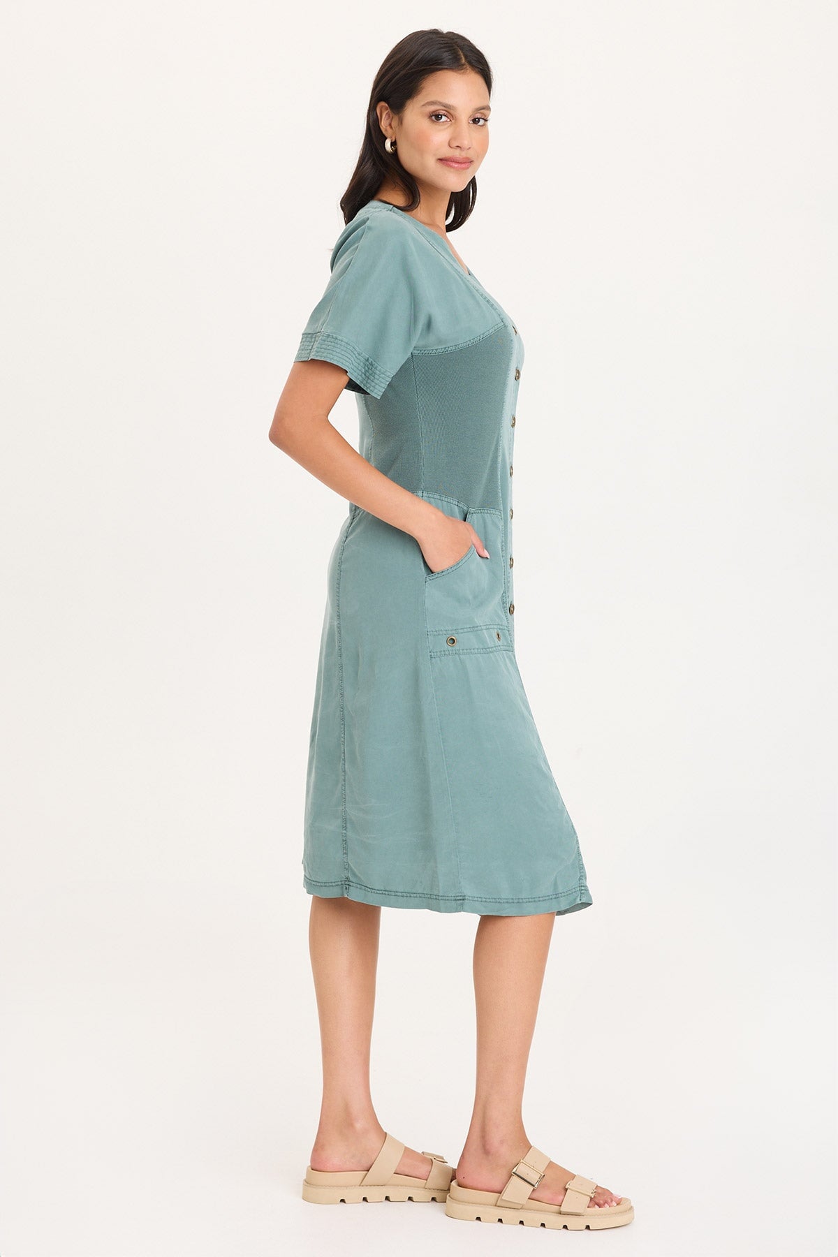 Addair Button-Up Short Sleeve Twill Dress with Rib Side Panels and Pockets Ocean Storm Pigment - XCVI