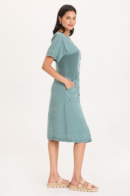 Addair Button-Up Short Sleeve Twill Dress with Rib Side Panels and Pockets Ocean Storm Pigment - XCVI