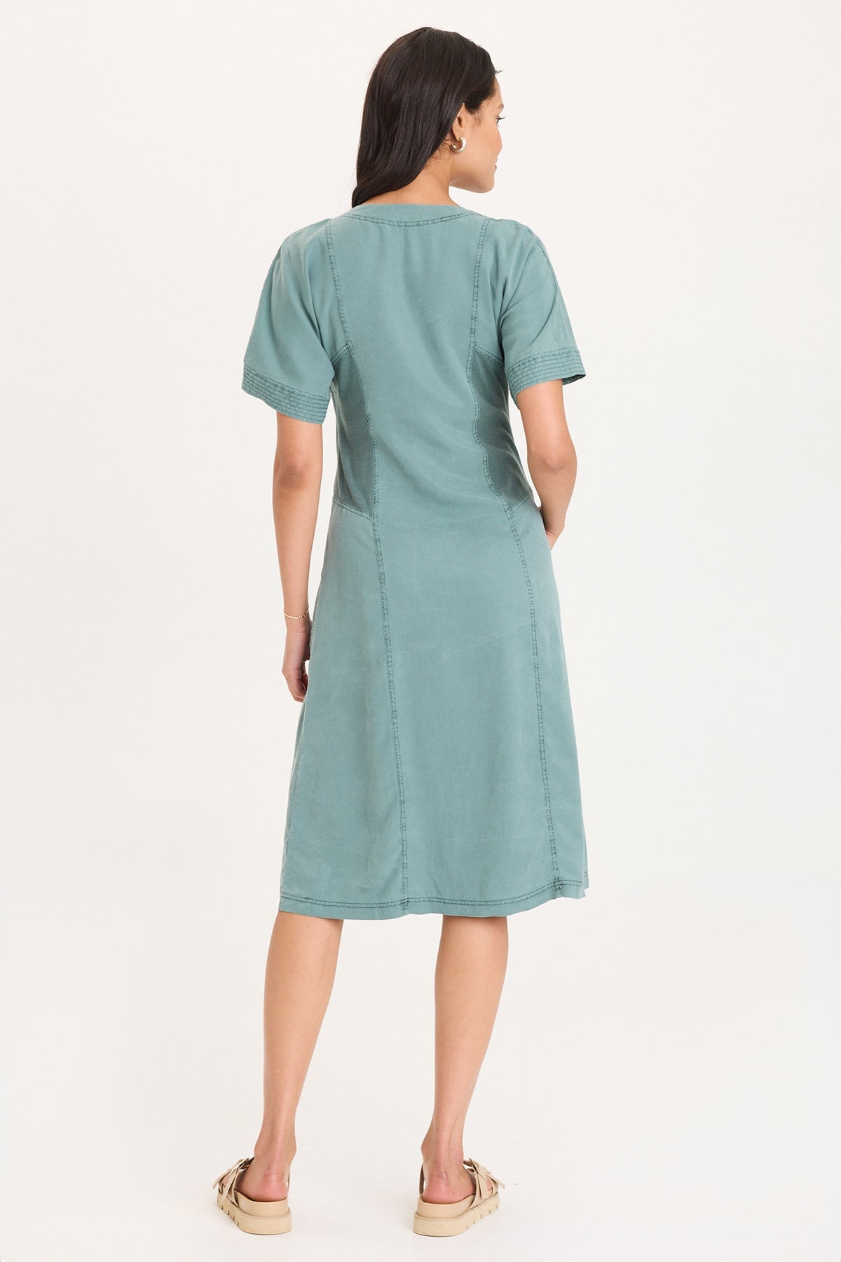 Addair Button-Up Short Sleeve Twill Dress with Rib Side Panels and Pockets Ocean Storm Pigment - XCVI
