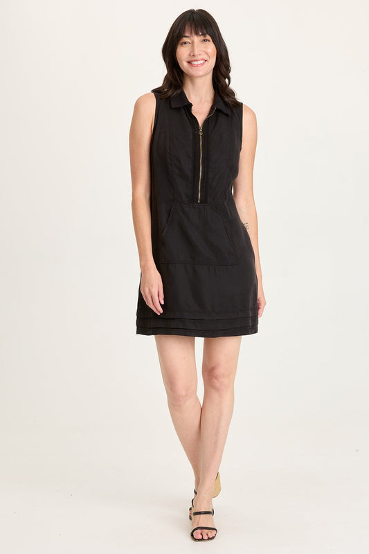 Noya Tencel Twill Kangaroo-Pocket Zip-Collar Sleeveless Dress Black - XCVI