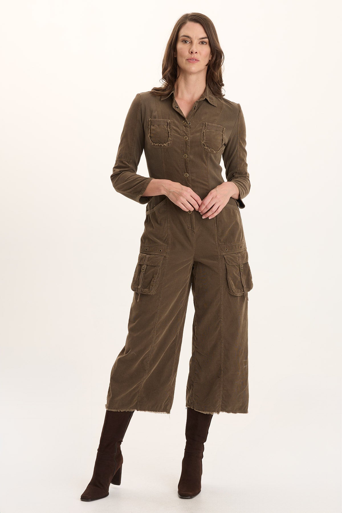 Kaisa Corduroy Long-Sleeve Cargo Jumpsuit Oak Creek Pigment - XCVI