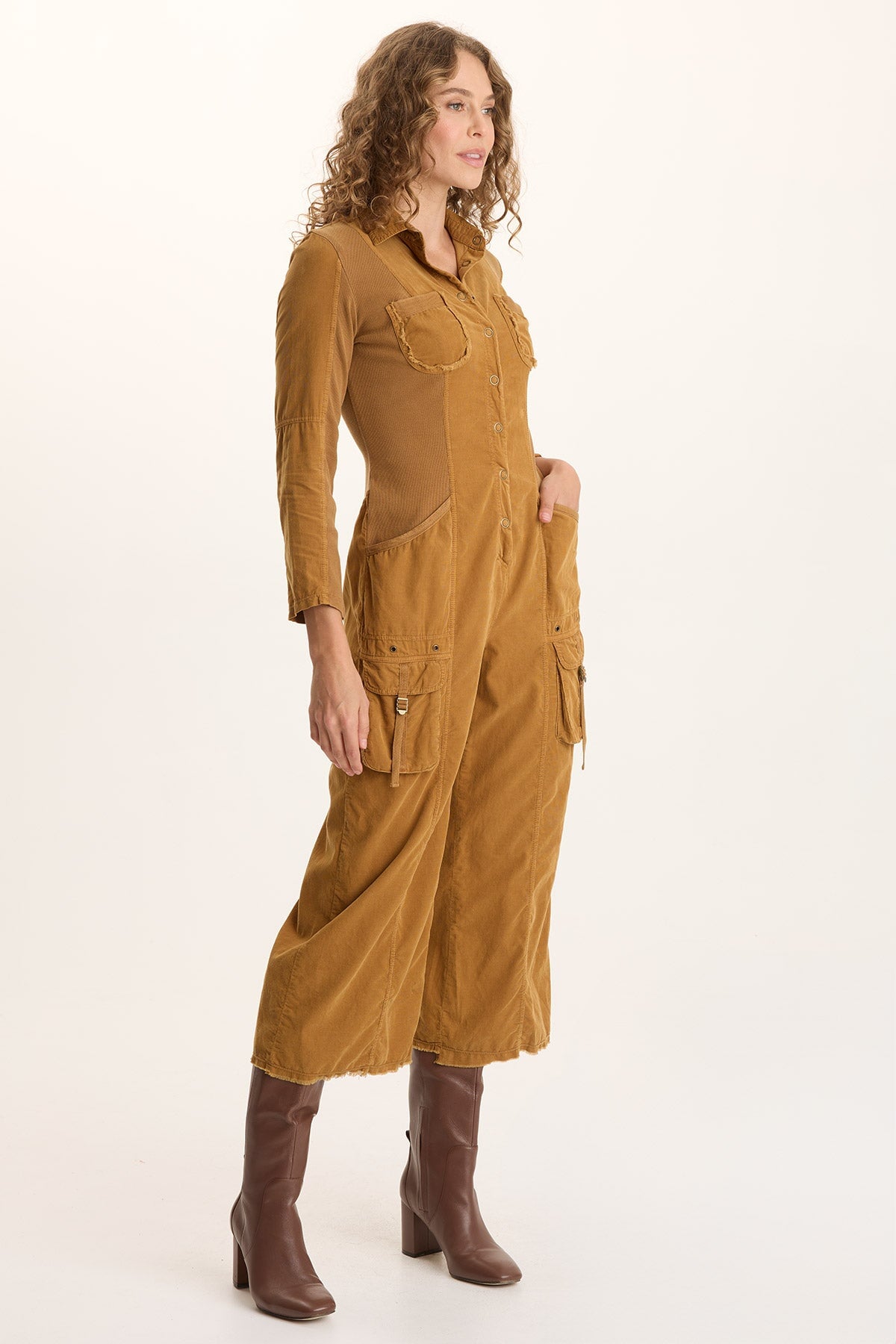 Kaisa Corduroy Long-Sleeve Cargo Jumpsuit Goldenrod Pigment - XCVI