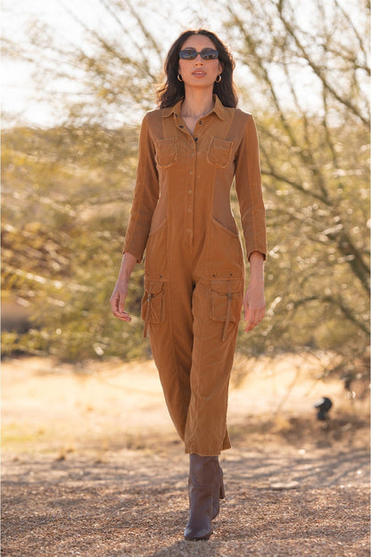 Kaisa Corduroy Long-Sleeve Cargo Jumpsuit Goldenrod Pigment - XCVI