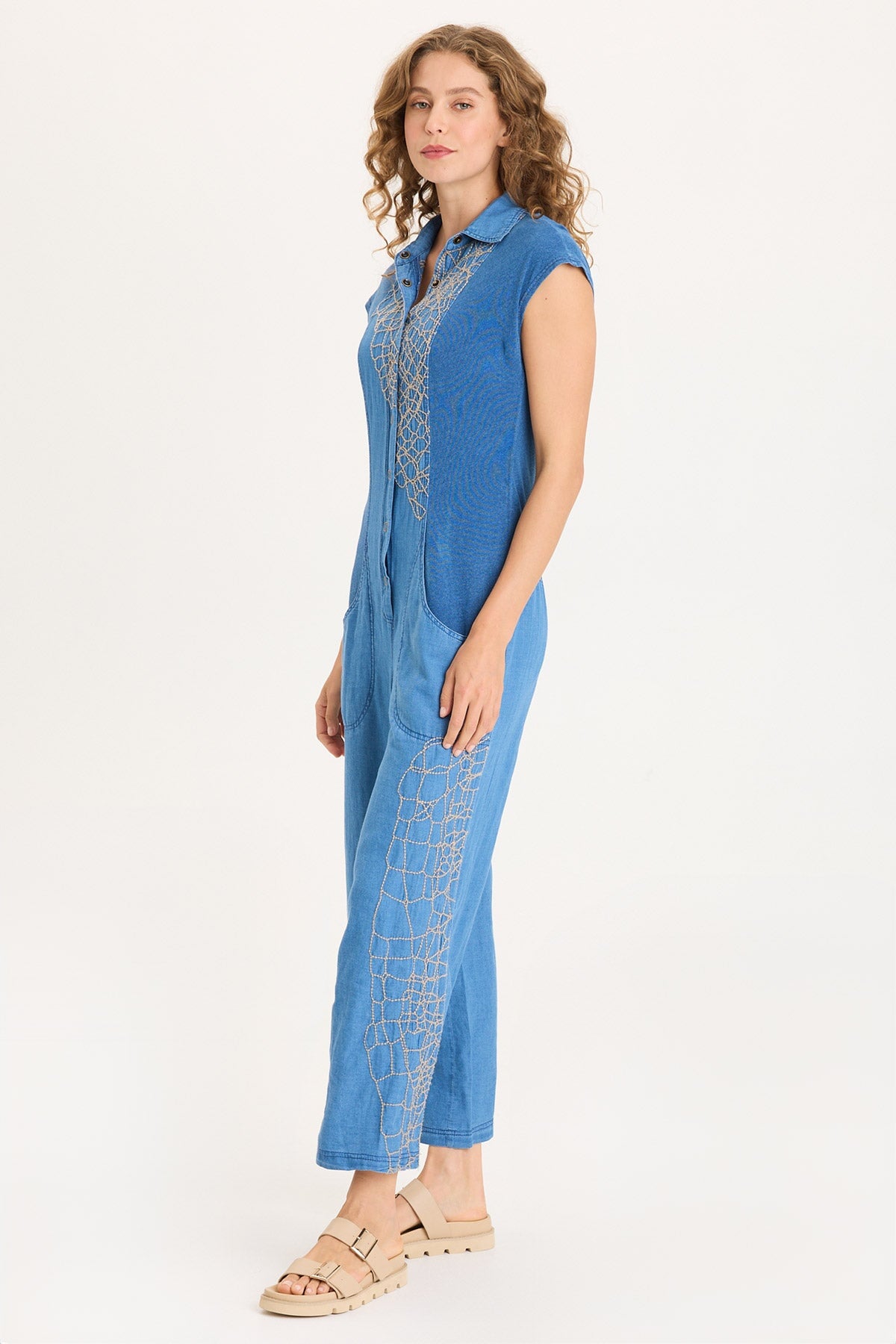 Embroidered Mock-Denim Button-Front Gemmell Jumpsuit Etiolate Wash - XCVI