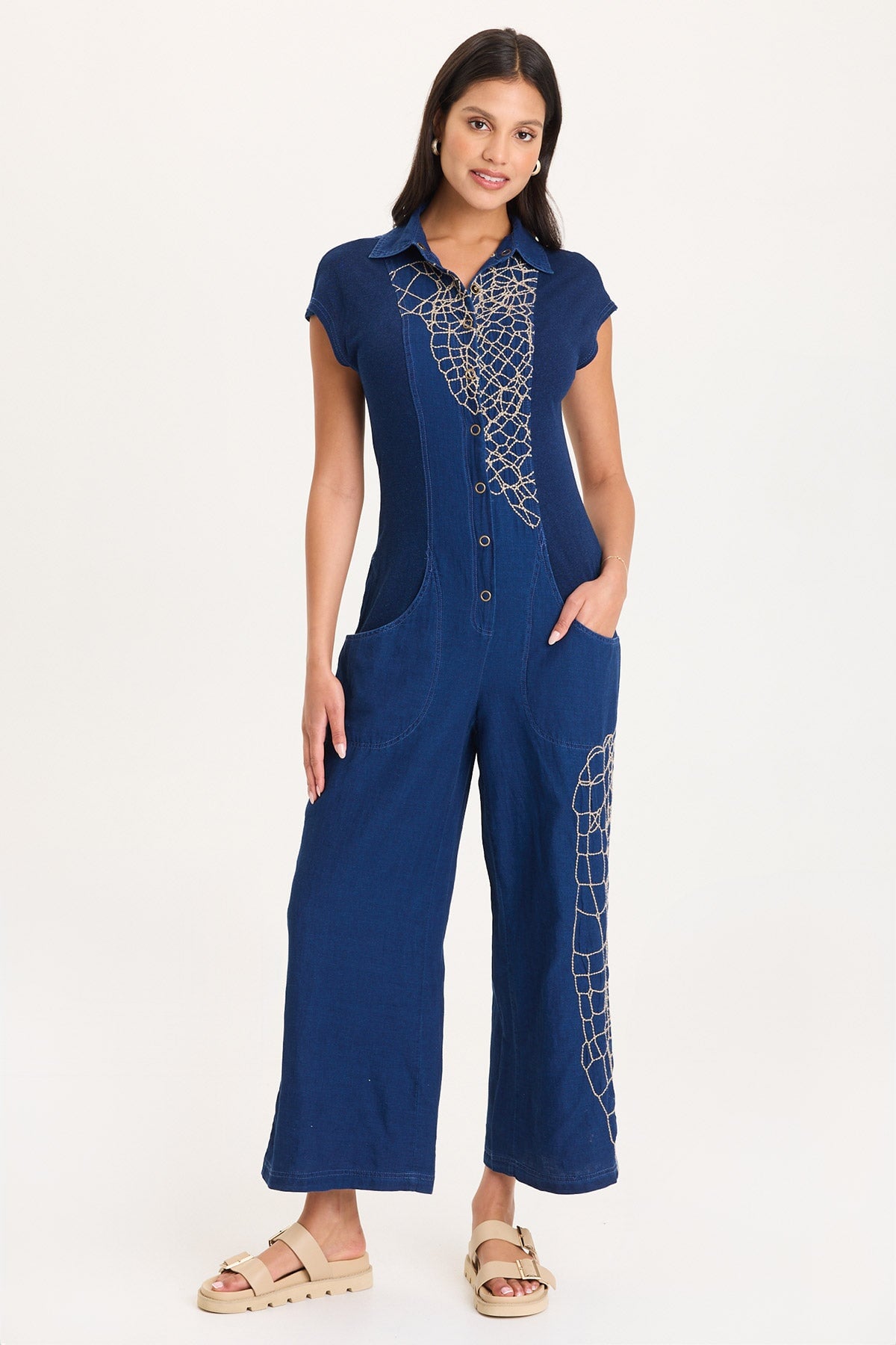 Embroidered Mock-Denim Button-Front Gemmell Jumpsuit Sluice Wash - XCVI