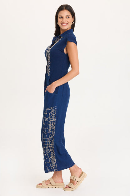 Embroidered Mock-Denim Button-Front Gemmell Jumpsuit Sluice Wash - XCVI