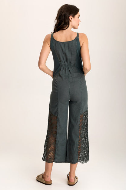 Anamita Linen Jumpsuit – Crochet Inset & Scoop Neck Silken Pine Pigment - XCVI
