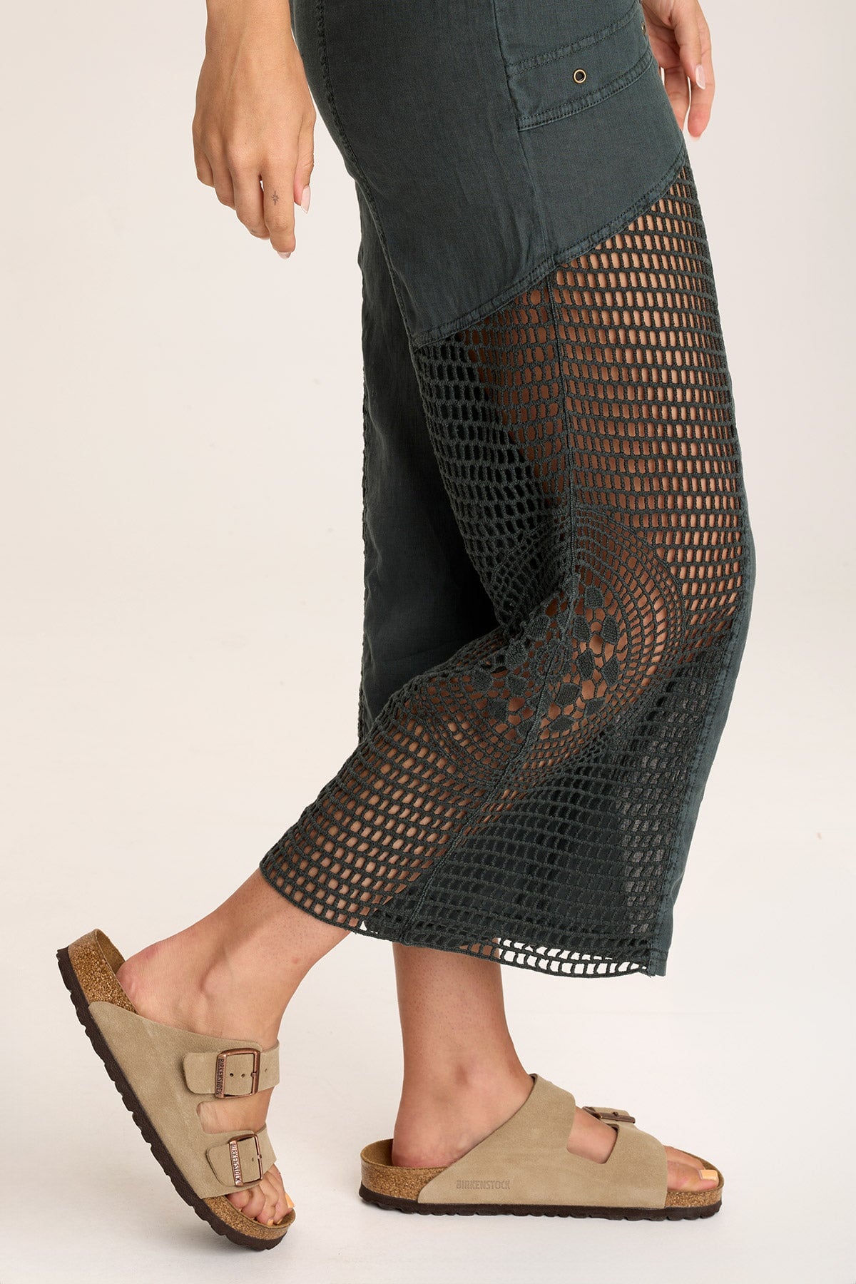 Anamita Linen Jumpsuit – Crochet Inset & Scoop Neck Silken Pine Pigment - XCVI