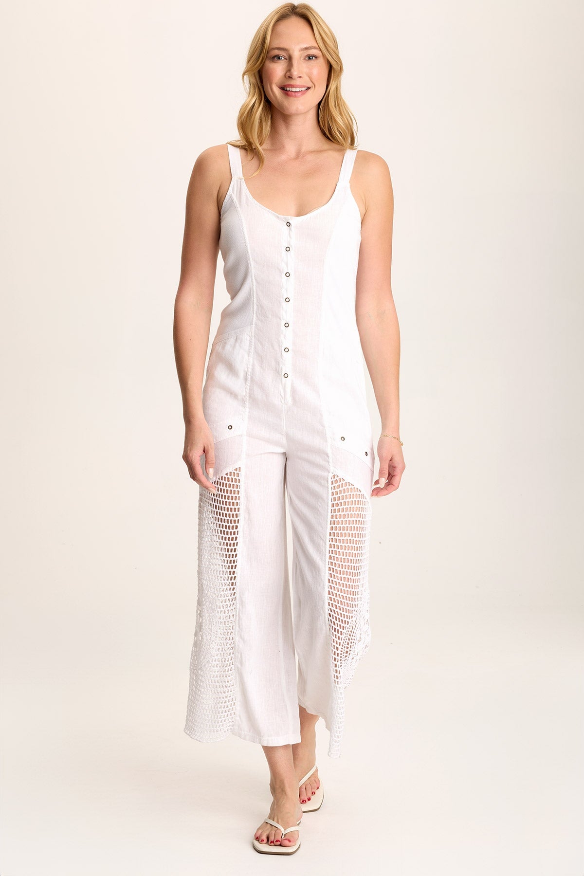 Anamita Linen Jumpsuit – Crochet Inset & Scoop Neck White - XCVI