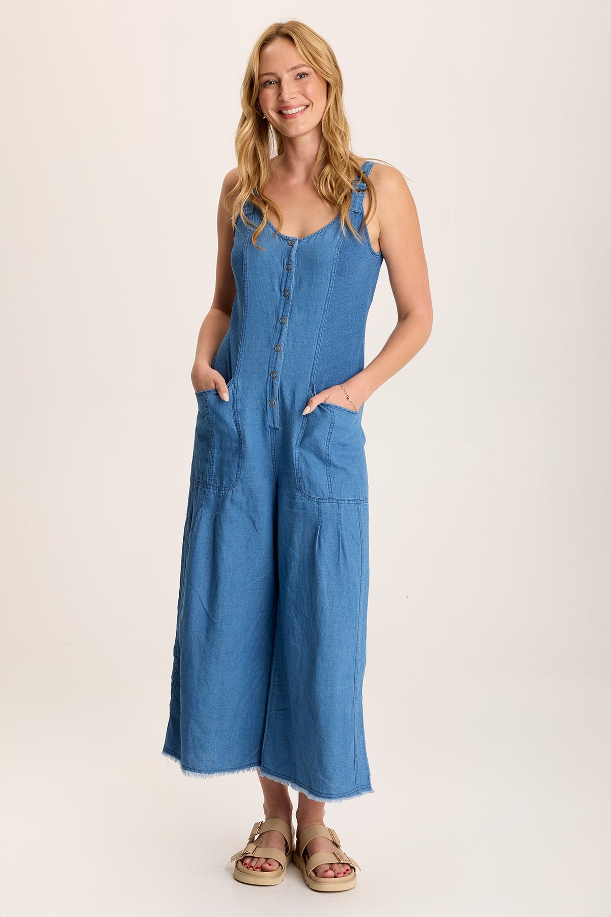 Jalila Jumpsuit – Indigo Twill with Zip Front & Banded Waist Etiolate Wash - XCVI