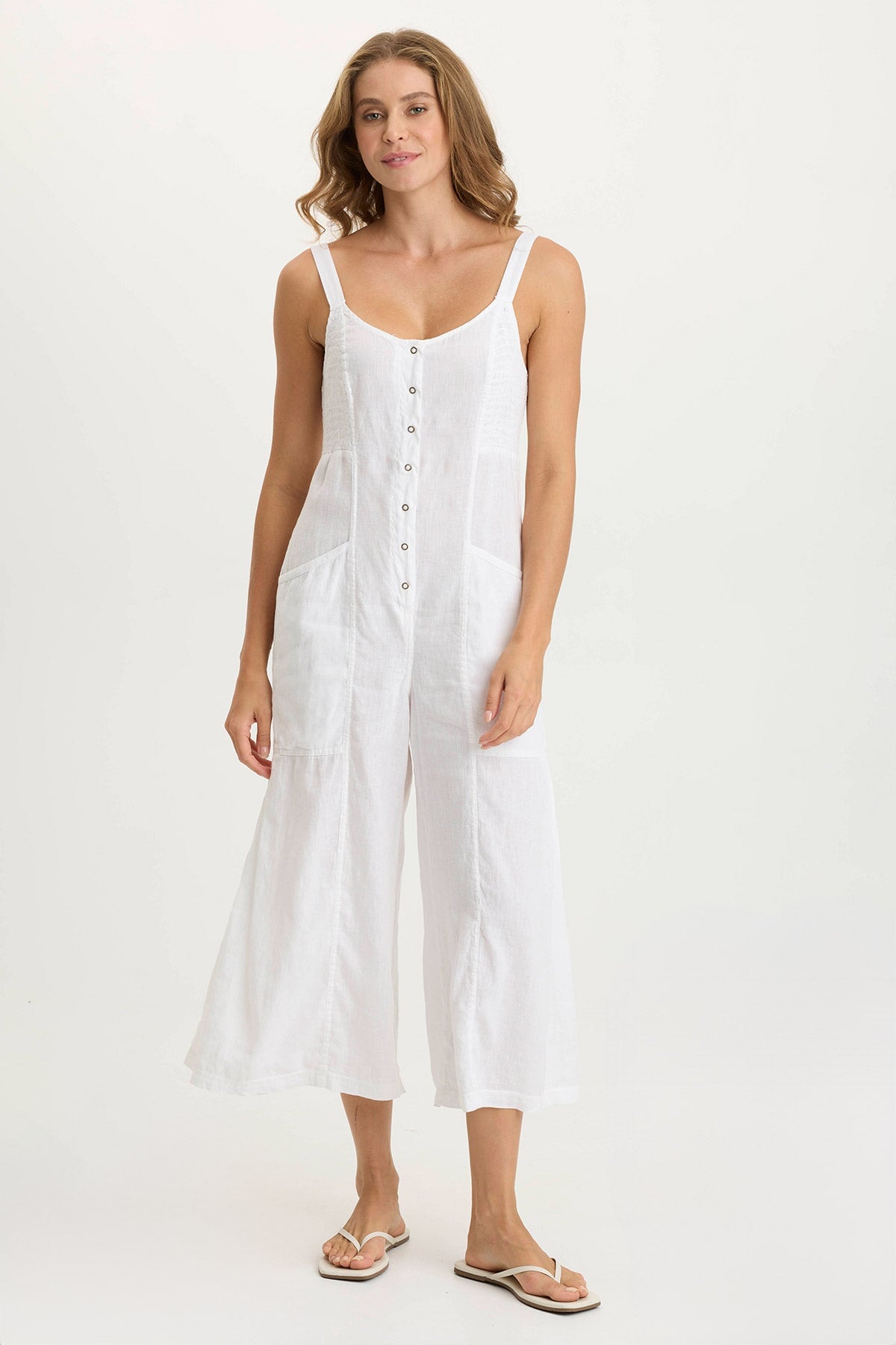 Leoda Versatile Linen Snap-Up Jumpsuit White - XCVI