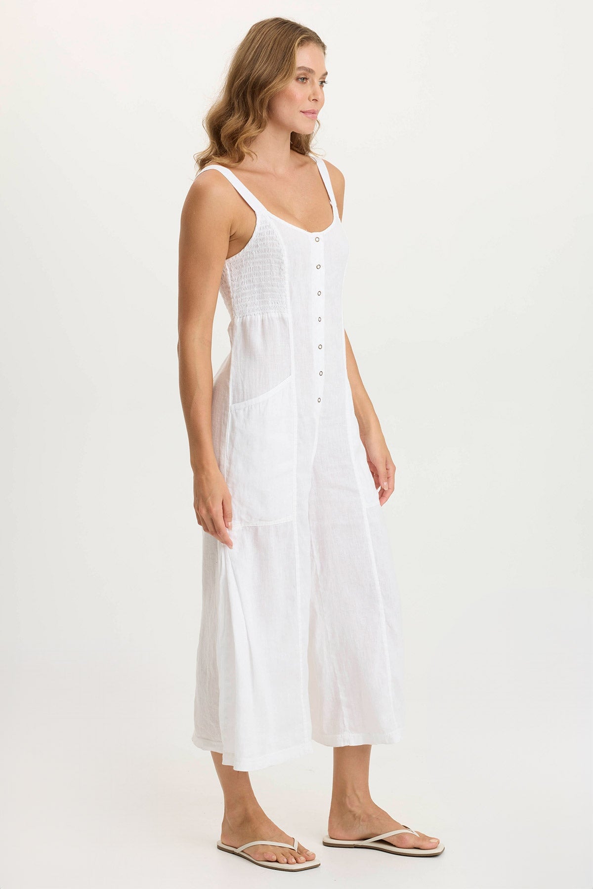 Leoda Versatile Linen Snap-Up Jumpsuit White - XCVI