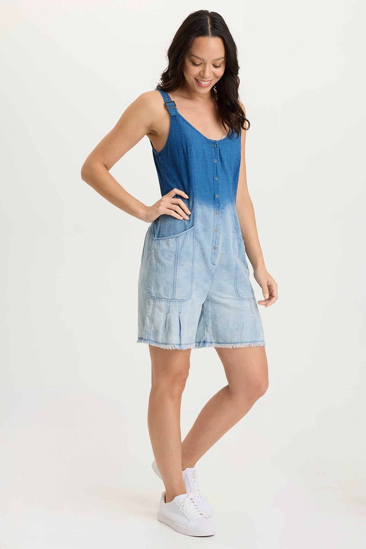 Sauni Mock-Denim + Jersey Stretch Summer Romper Vacillate Wash - XCVI