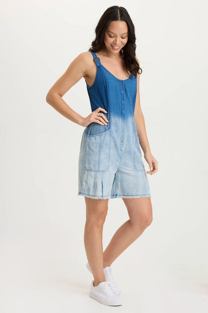 Sauni Mock-Denim + Jersey Stretch Summer Romper Vacillate Wash - XCVI