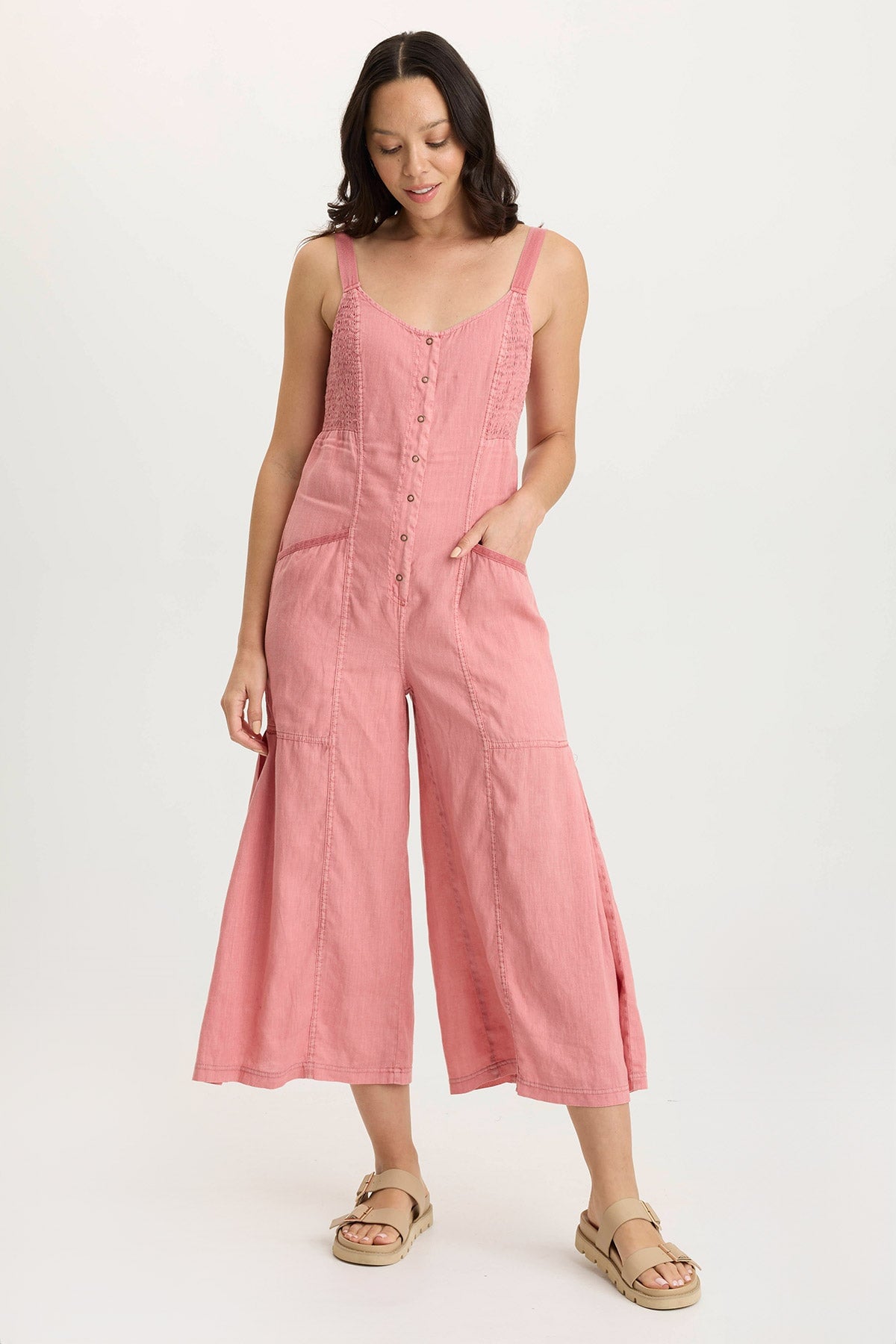 Leoda Versatile Linen Snap-Up Jumpsuit Cherry Fizz Pigment - XCVI
