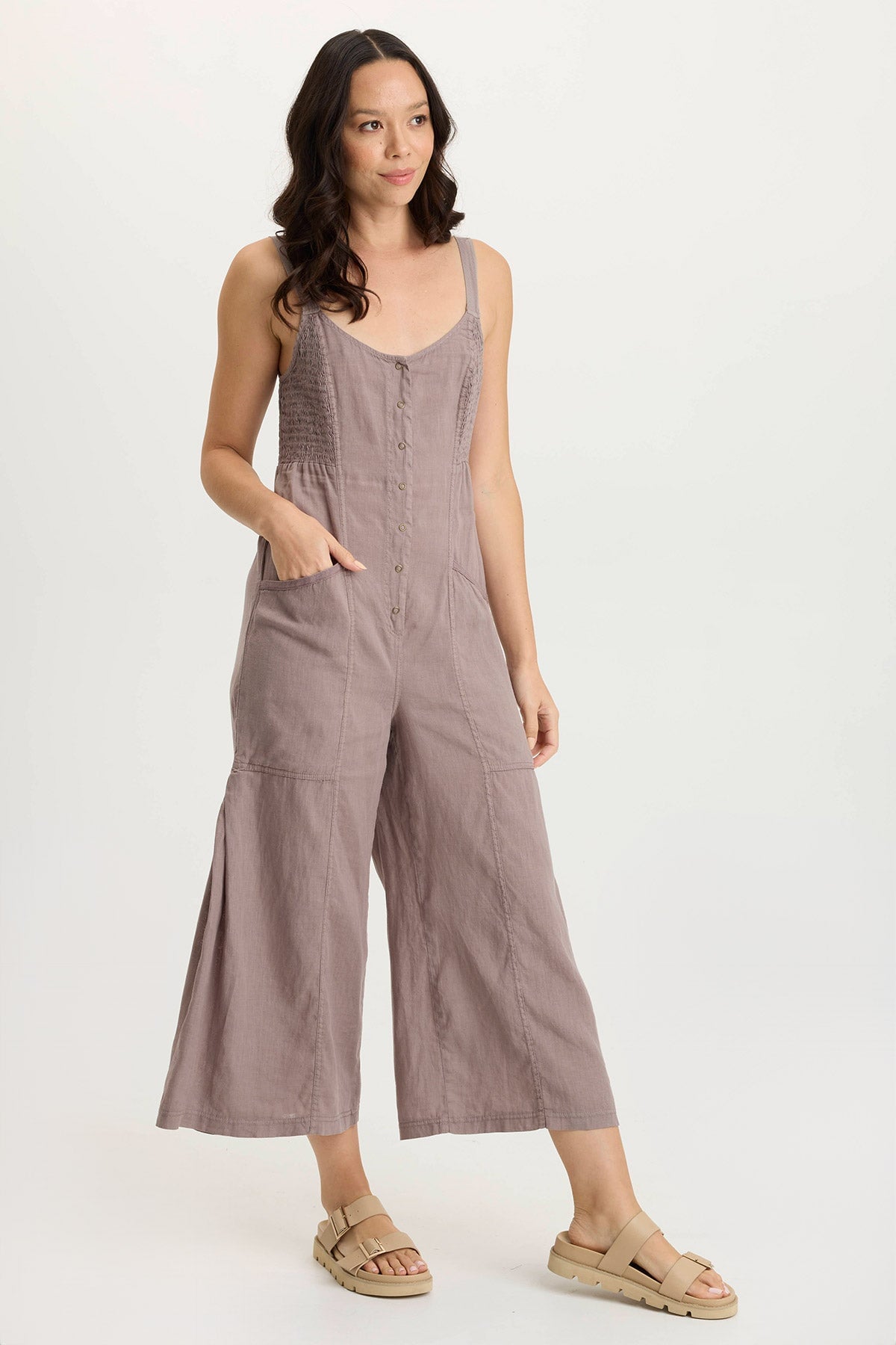 Leoda Versatile Linen Snap-Up Jumpsuit Poppy Seed - XCVI