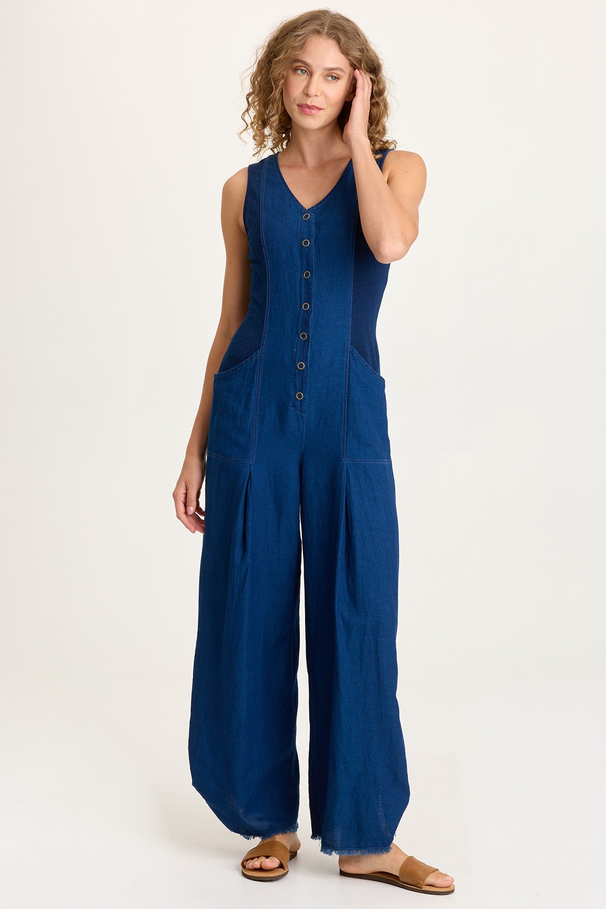 Aisling Indigo Twill Snap-Up Tabbed Leg Jumpsuit Sluice Wash - XCVI