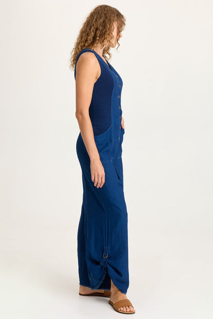 Aisling Indigo Twill Snap-Up Tabbed Leg Jumpsuit Sluice Wash - XCVI