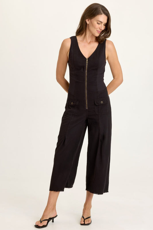 Wearables Linette Twill Zip-Up V-Neck Sleeveless Jumpsuit Black - XCVI