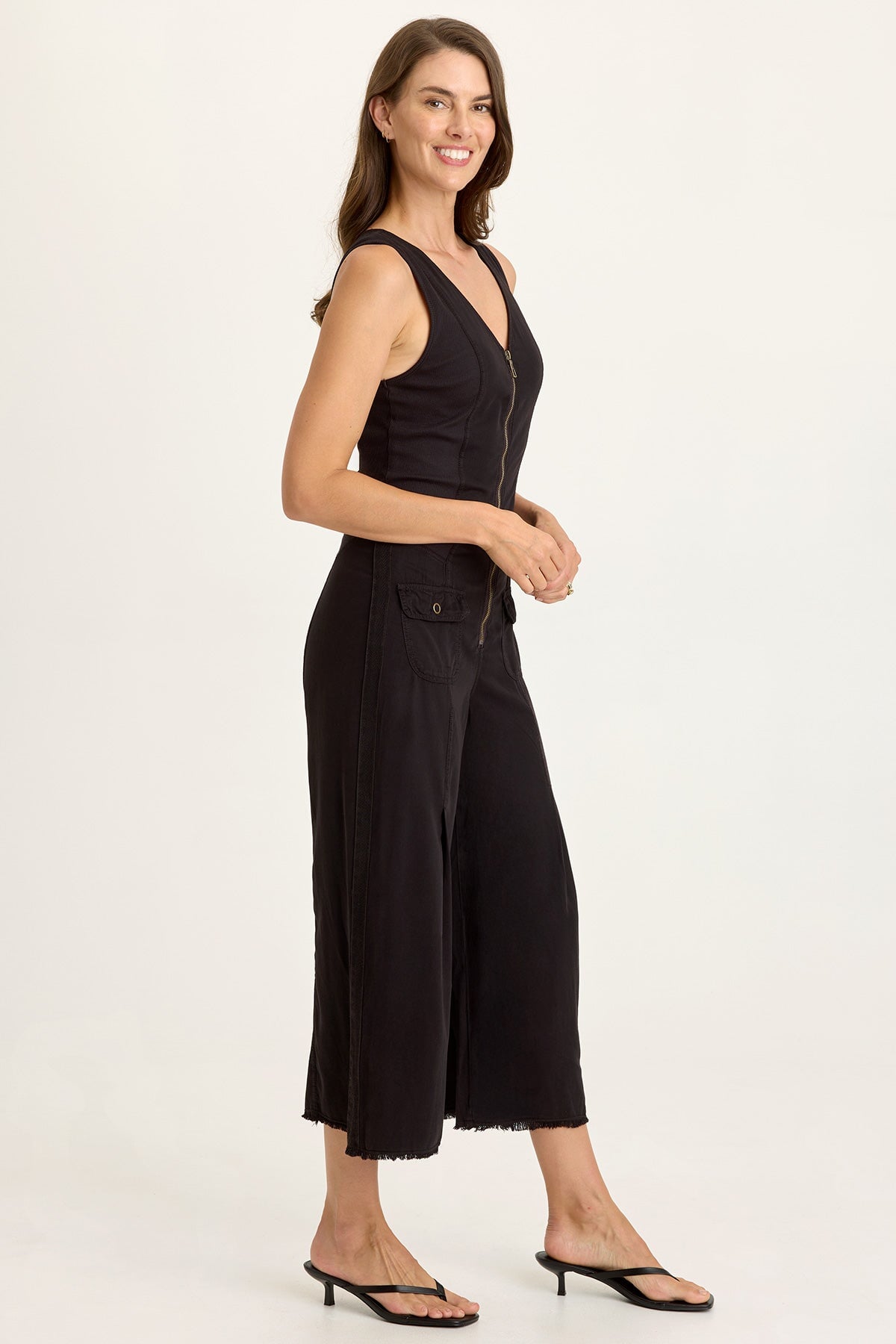 Wearables Linette Twill Zip-Up V-Neck Sleeveless Jumpsuit Black - XCVI