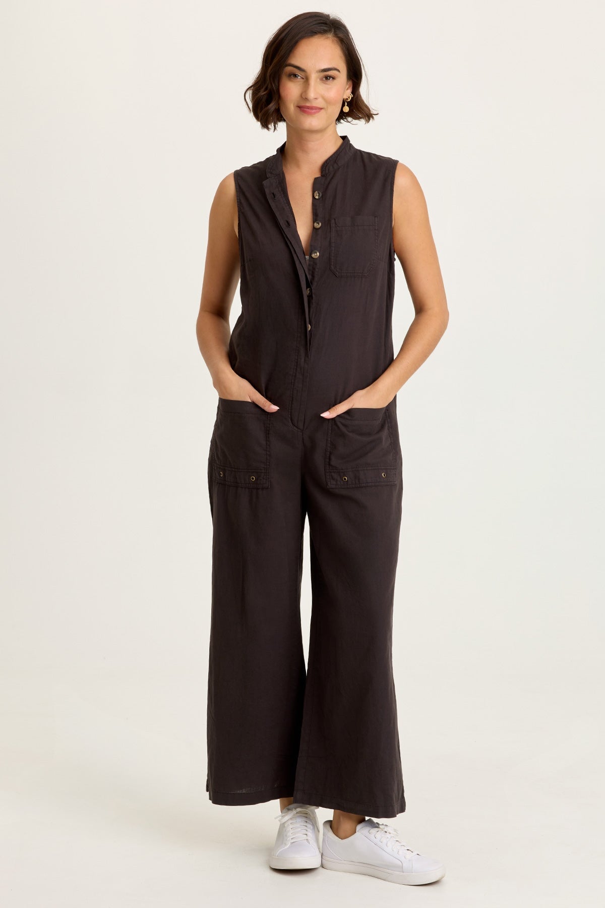 Wearables Tawnie Cotton Linen Button-Up Relaxed Fit Sleeveless Jumpsuit Black - XCVI