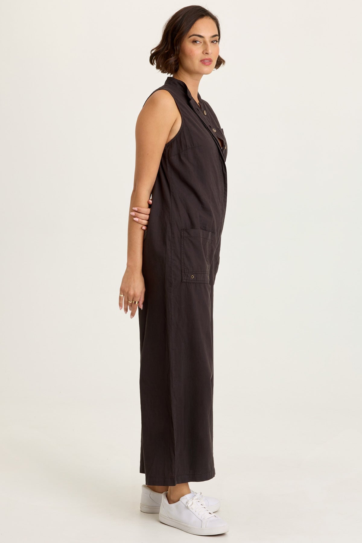 Wearables Tawnie Cotton Linen Button-Up Relaxed Fit Sleeveless Jumpsuit Black - XCVI