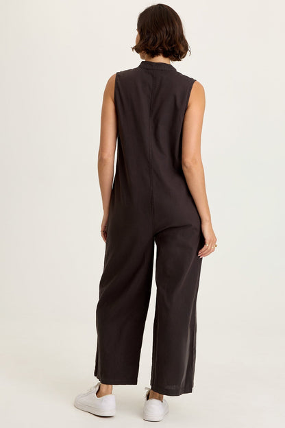 Wearables Tawnie Cotton Linen Button-Up Relaxed Fit Sleeveless Jumpsuit Black - XCVI
