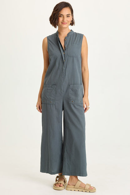 Wearables Tawnie Cotton Linen Button-Up Relaxed Fit Sleeveless Jumpsuit Hawthorn Leaf - XCVI