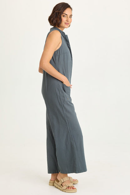 Wearables Tawnie Cotton Linen Button-Up Relaxed Fit Sleeveless Jumpsuit Hawthorn Leaf - XCVI
