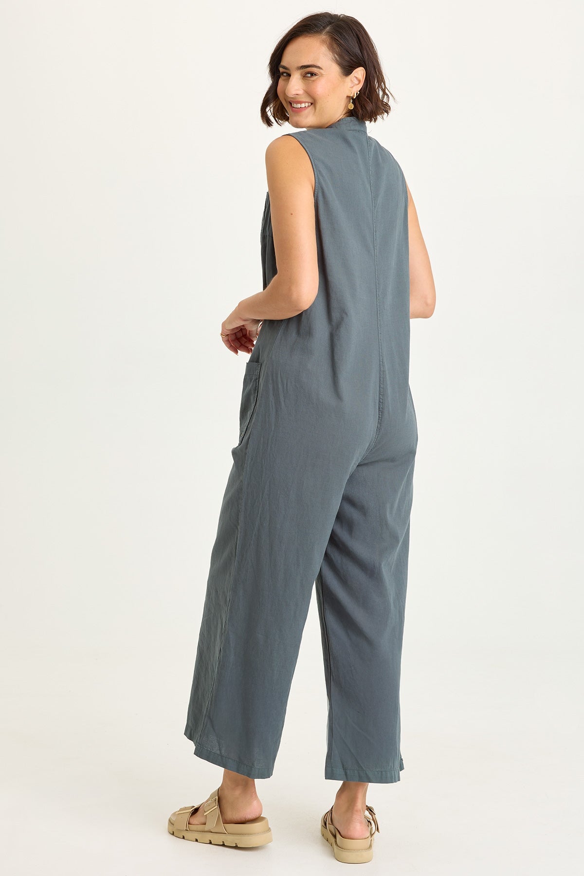Wearables Tawnie Cotton Linen Button-Up Relaxed Fit Sleeveless Jumpsuit Hawthorn Leaf - XCVI