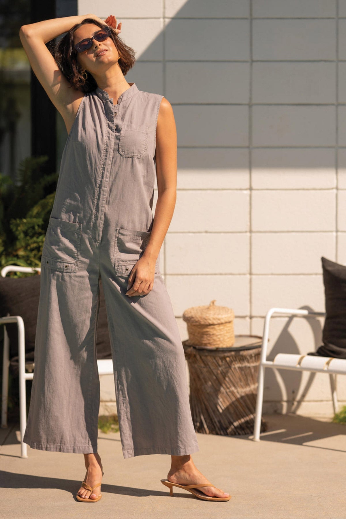 Wearables Tawnie Cotton Linen Button-Up Relaxed Fit Sleeveless Jumpsuit Poppy Seed - XCVI