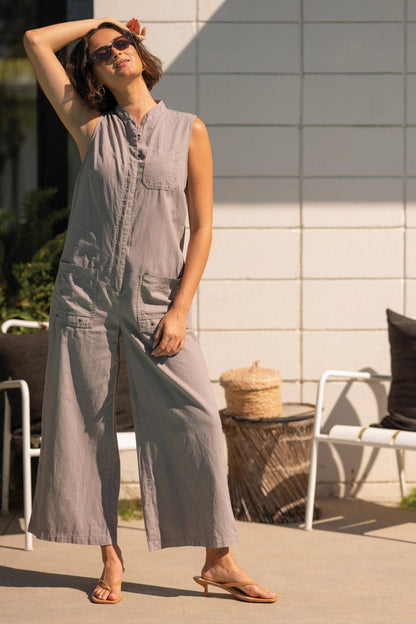 Wearables Tawnie Cotton Linen Button-Up Relaxed Fit Sleeveless Jumpsuit Poppy Seed - XCVI
