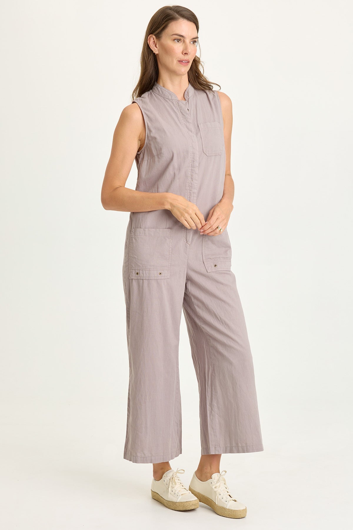Wearables Tawnie Cotton Linen Button-Up Relaxed Fit Sleeveless Jumpsuit Poppy Seed - XCVI