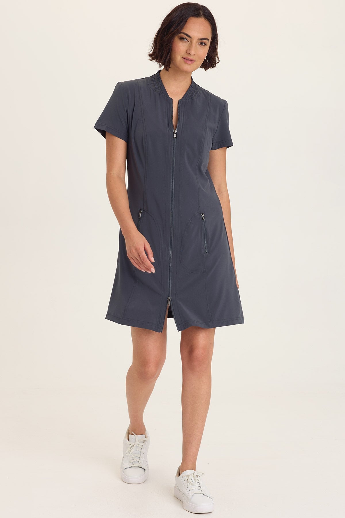 Wearables Mulder Active Double Zipper Short Sleeve Jacket Dress Charcoal - XCVI