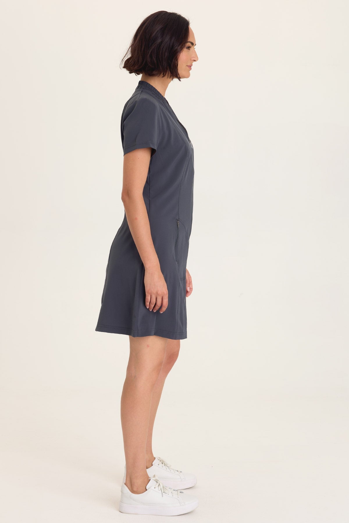 Wearables Mulder Active Double Zipper Short Sleeve Jacket Dress Charcoal - XCVI