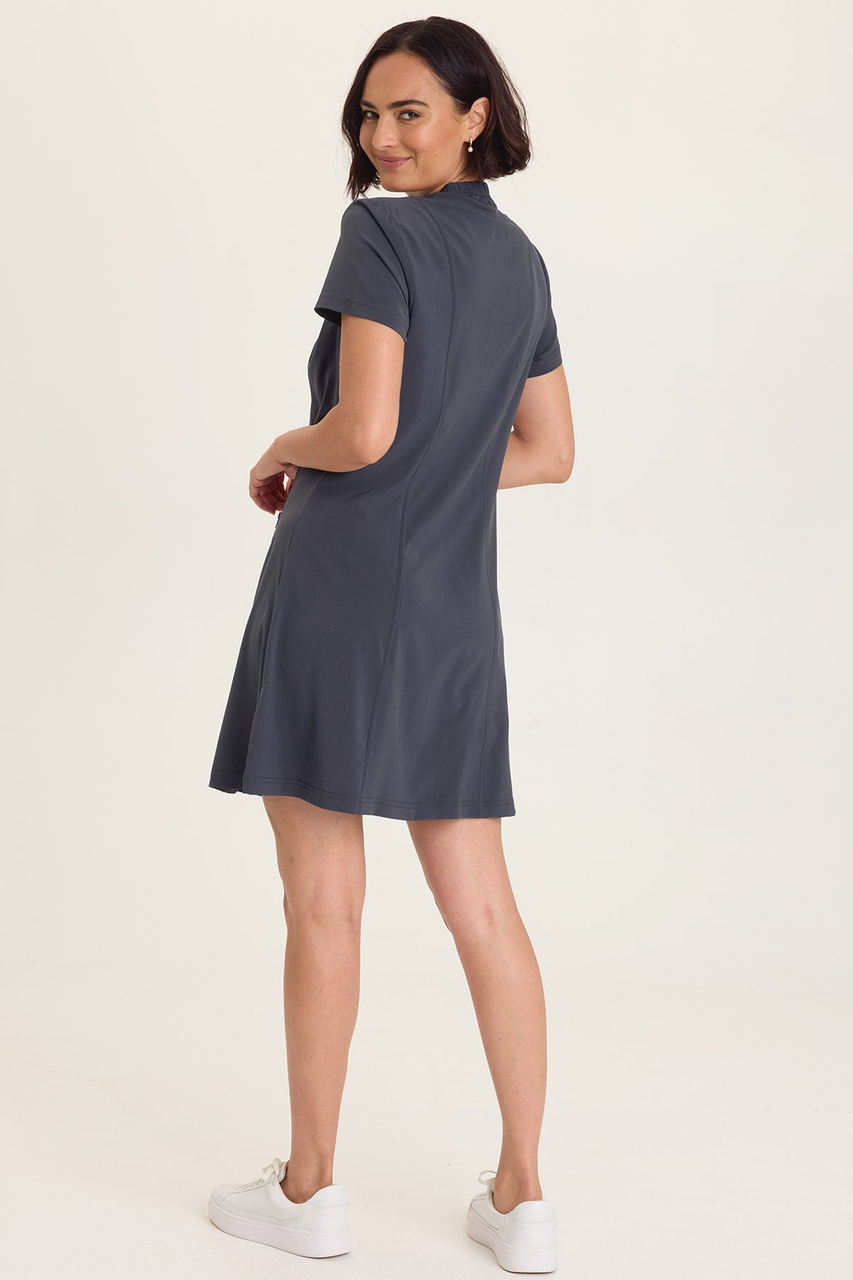 Wearables Mulder Active Double Zipper Short Sleeve Jacket Dress Charcoal - XCVI