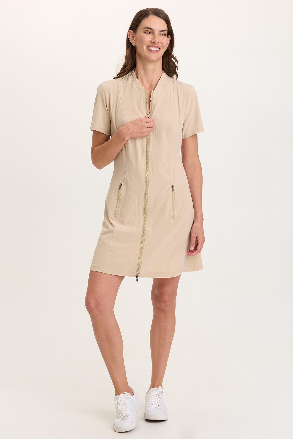 Wearables Mulder Active Double Zipper Short Sleeve Jacket Dress Sahara - XCVI