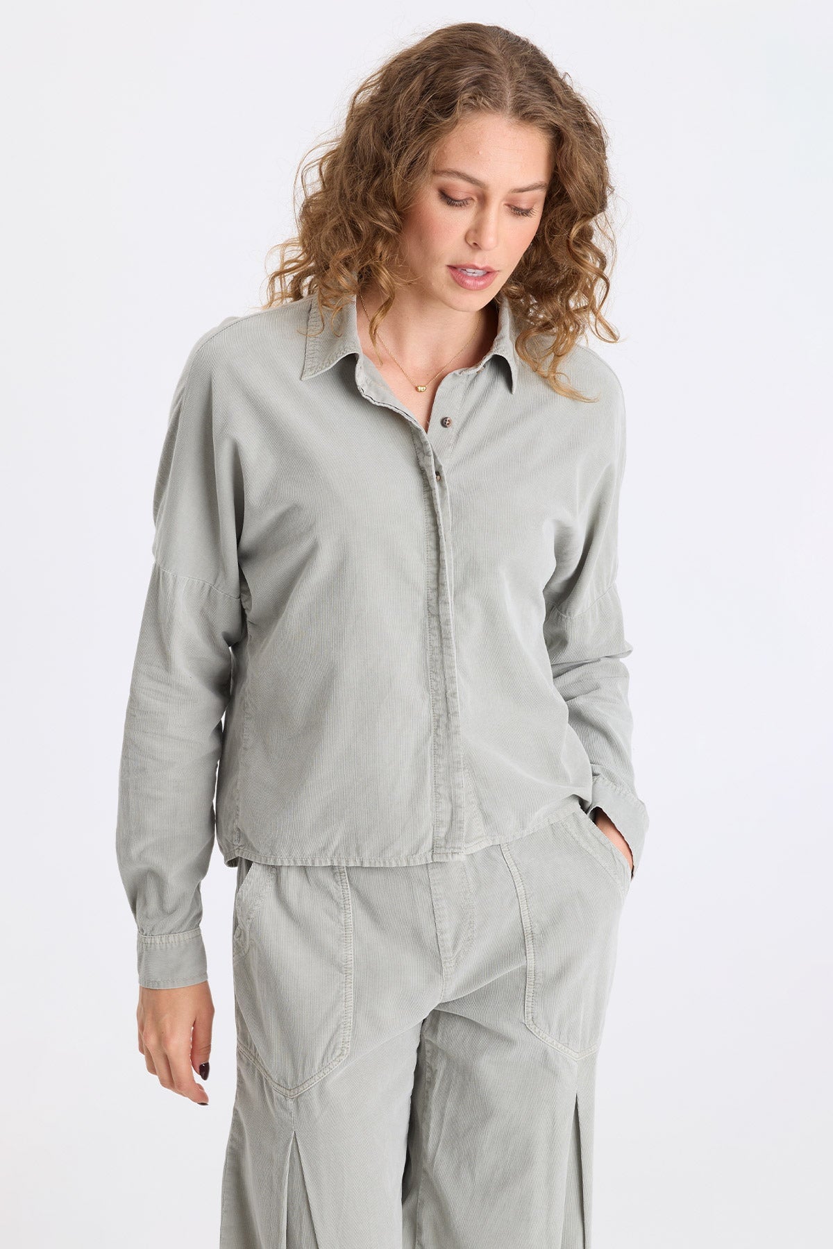 Kyle Corduroy Button-Up Collared Top Earl Grey Pigment - XCVI