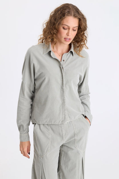 Kyle Corduroy Button-Up Collared Top Earl Grey Pigment - XCVI