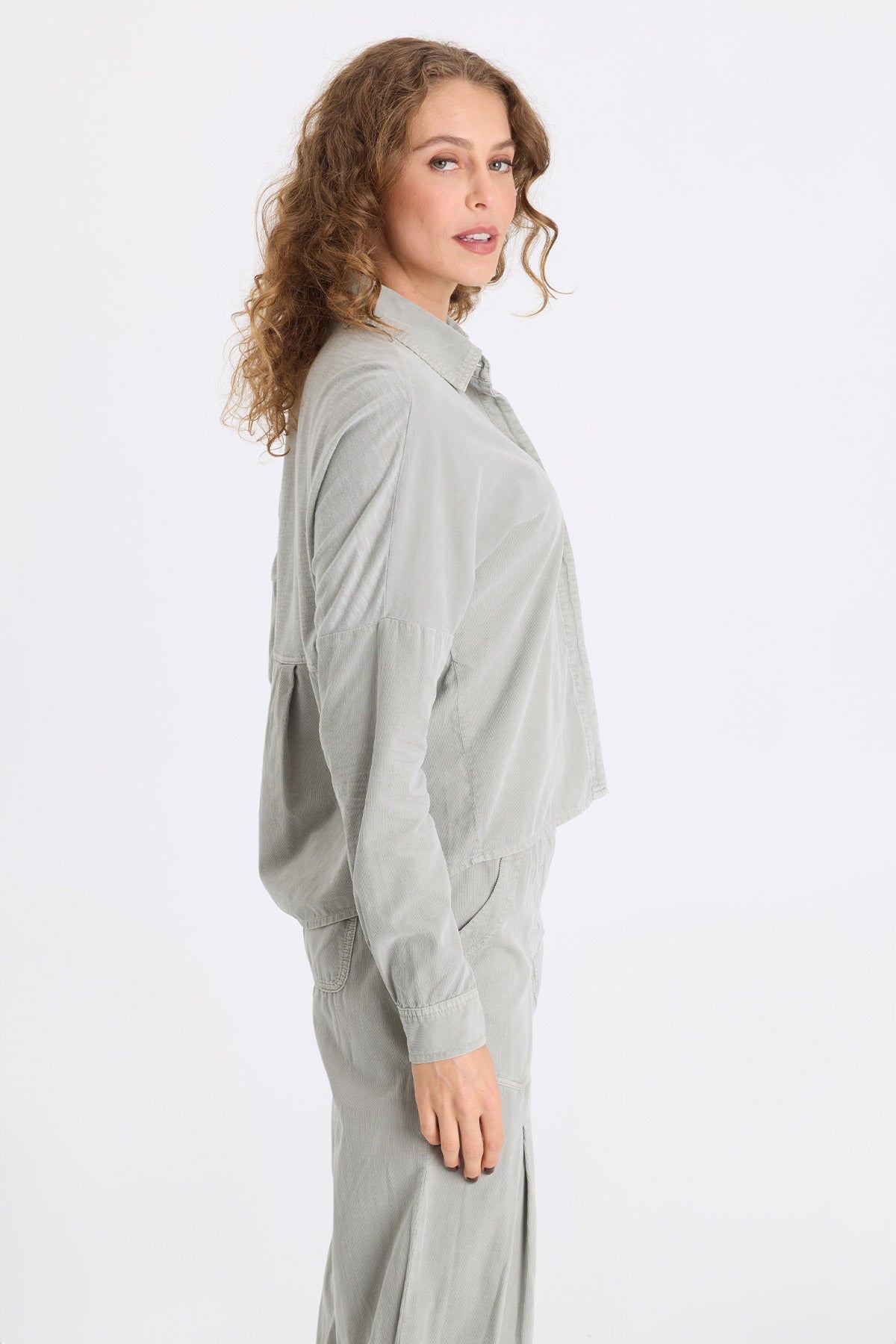 Kyle Corduroy Button-Up Collared Top Earl Grey Pigment - XCVI