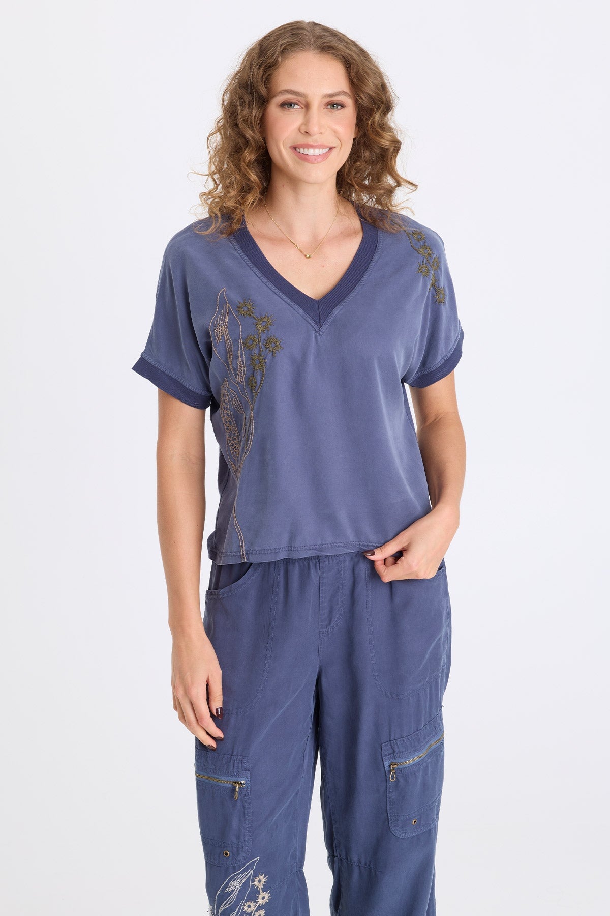 Seedling Hanno Embroidered Soft Twill V-Neck Short Sleeve Top Bluestone - XCVI