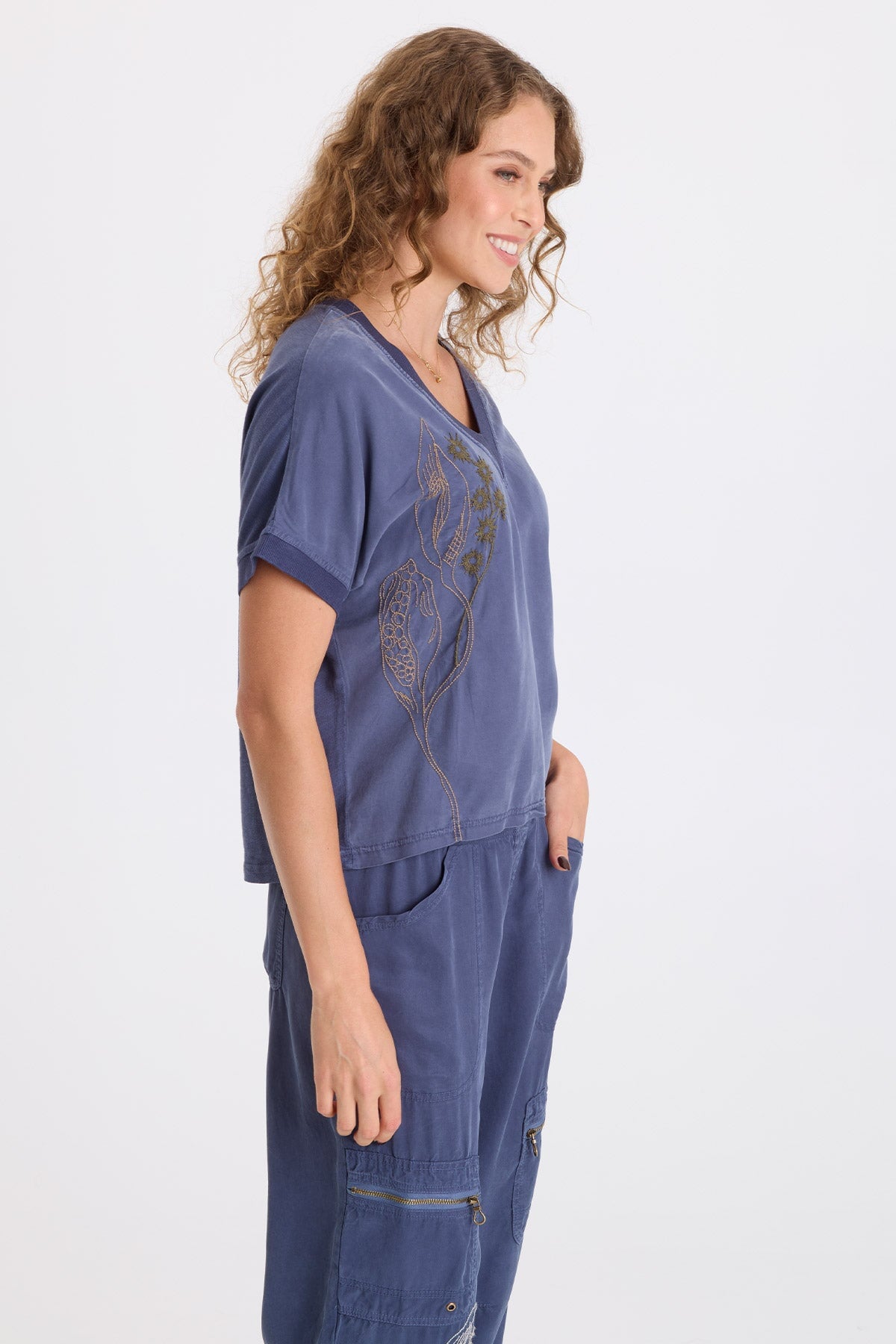 Seedling Hanno Embroidered Soft Twill V-Neck Short Sleeve Top Bluestone - XCVI